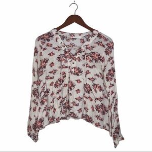 LUSH Cropped Peplum Lace Up Neckline Floral Blouse